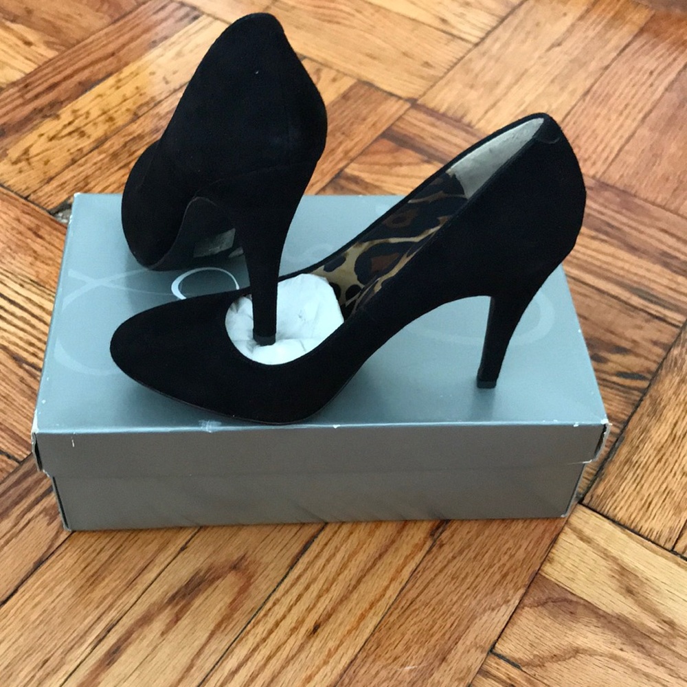 Black suede high heals shoes. New with box